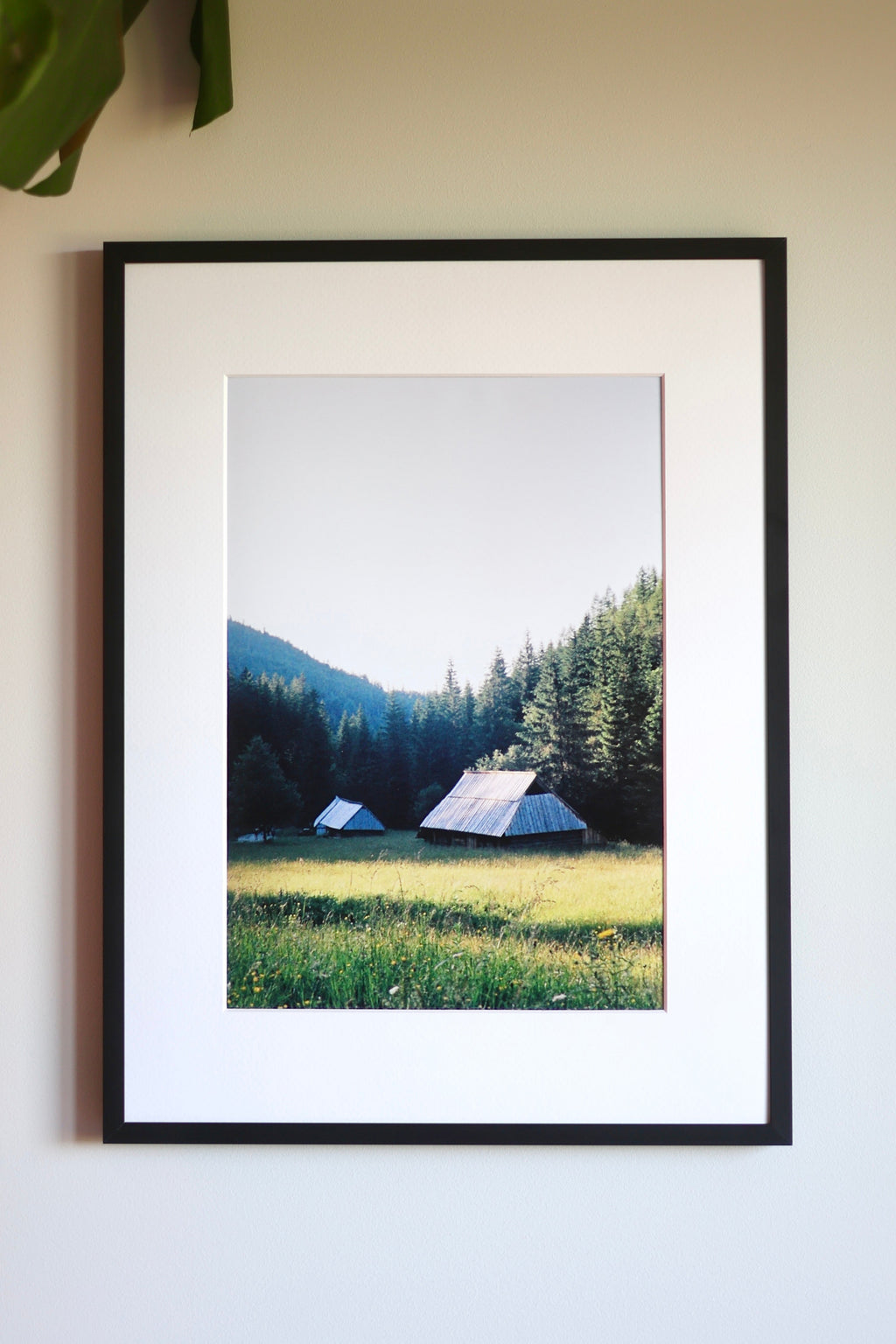 A framed landscape photograph of a mountain village with tents, displayed on a light beige wall with a green plant leaf in the top-left corner.